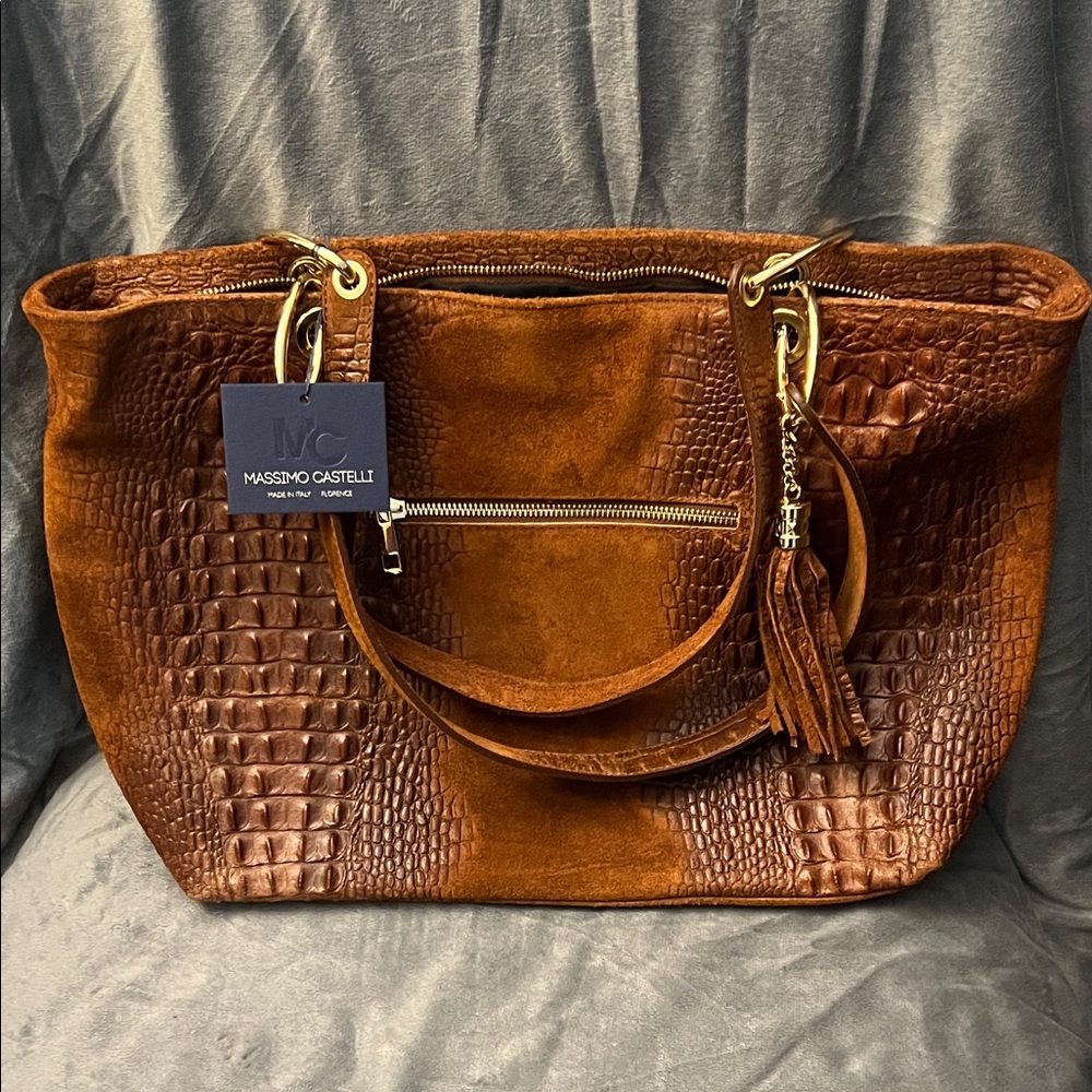 Brown Croc-Embossed Tote Bag
